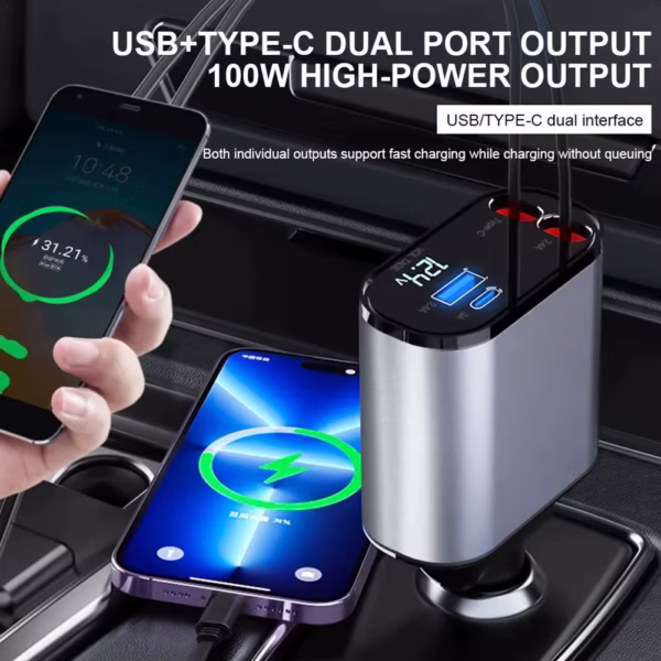 Car Charger with Retractable Cords and Extra ports. - Image 2